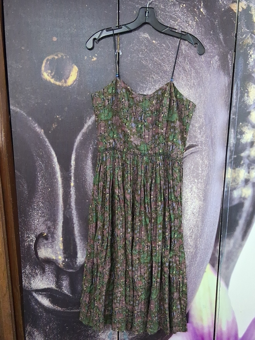 Ayers  Green and Brown Floral Spaghetti-Strap Midi Dress.